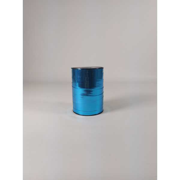 Shiny, finely textured metal ribbon measuring 10 mm x 250 meters.